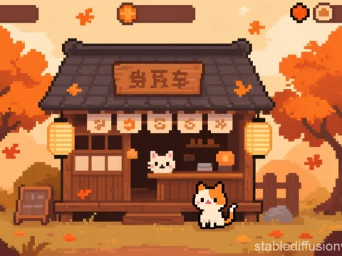 Pixel Art Autumn Cat Spirit Cafe Scene