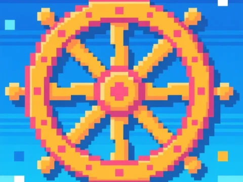 Pixel Art Bright Ship Wheel on Blue Background