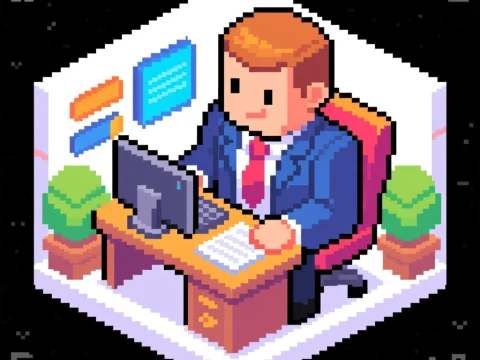Pixel Art Business Manager at Desk