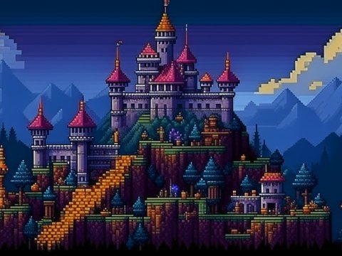 Pixel Art Castle on Mountain with Distant Peaks