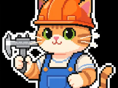 Pixel Art Cat Construction Worker with Tool