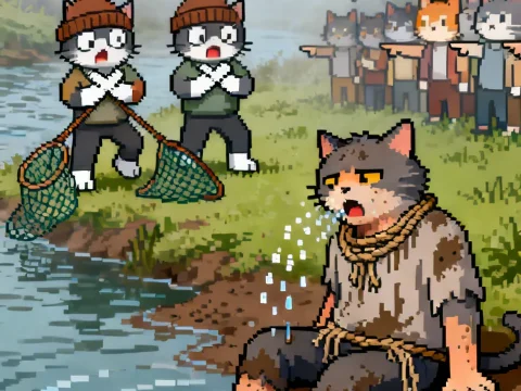Pixel Art Cats in a River Scene with Fishermen
