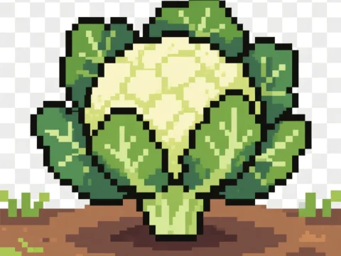 Pixel Art Cauliflower Plant Growing in Soil