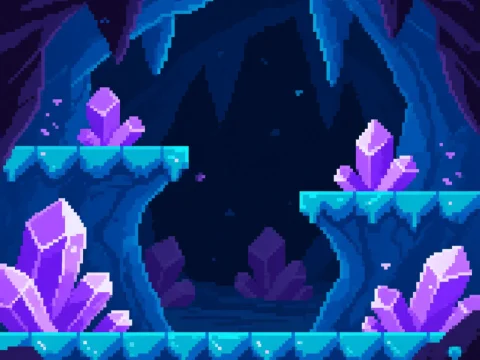 Pixel Art Cave with Glowing Purple Crystals