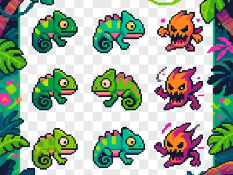 Pixel Art Chameleon and Fire Sprite Sheet