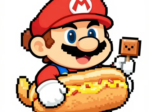 Pixel Art Character Holding a Hot Dog and Marshmallow