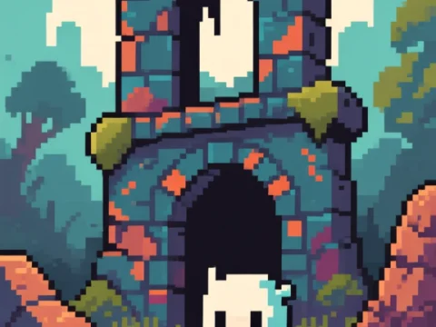 Pixel Art Character in Front of Ruined Archway