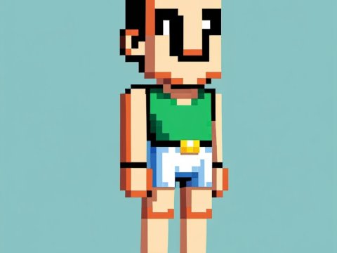 Pixel Art Character in Green Tank Top and Shorts