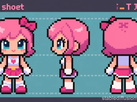 Pixel Art Character Model Sheet of Amy Rose