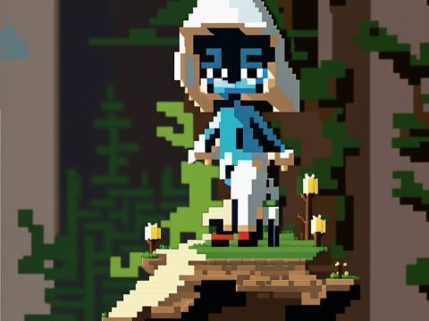 Pixel Art Character on Floating Island in Forest