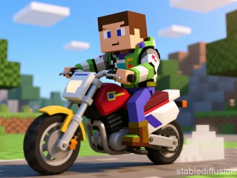 Pixel Art Character Riding a Motorbike in a Blocky Landscape