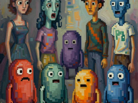 Pixel Art Characters and Humans in Oil Painting Style