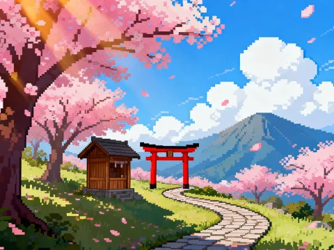 Pixel Art Cherry Blossom Path with Torii Gate and Shrine