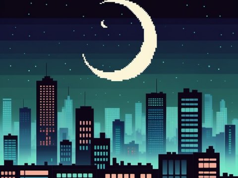 Pixel Art Cityscape with Crescent Moon at Night