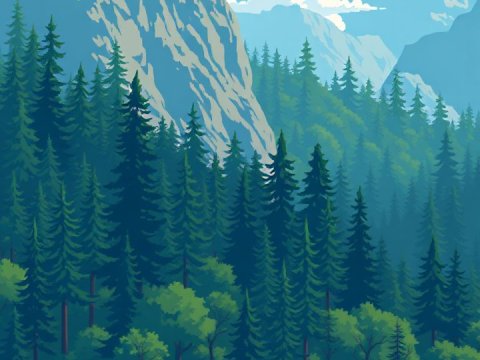 Pixel Art Cityscape with Mountain Forest Background