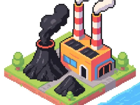Pixel Art Coal Power Plant with Smoke Stacks