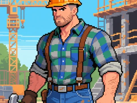 Pixel Art Construction Worker at Building Site