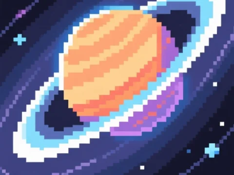 Pixel Art Cosmic Scene with Ringed Planets