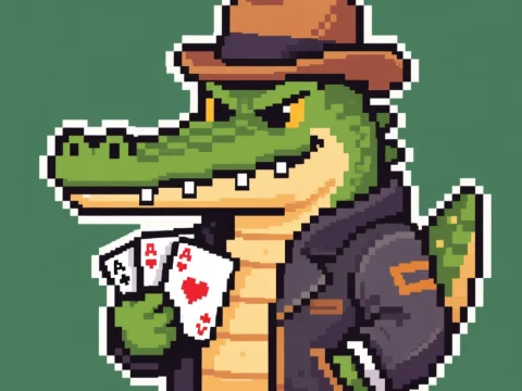 Pixel Art Crocodile Gambler with Cards and Fedora