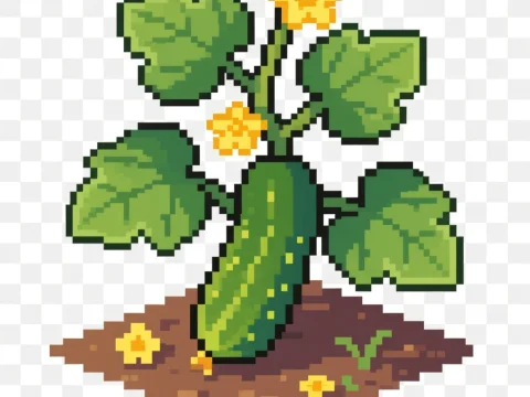 Pixel Art Cucumber Plant with Leaves and Flowers