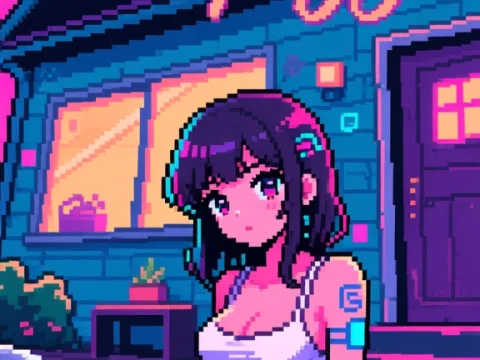Pixel Art Cyberpunk Girl in Trance by Pool