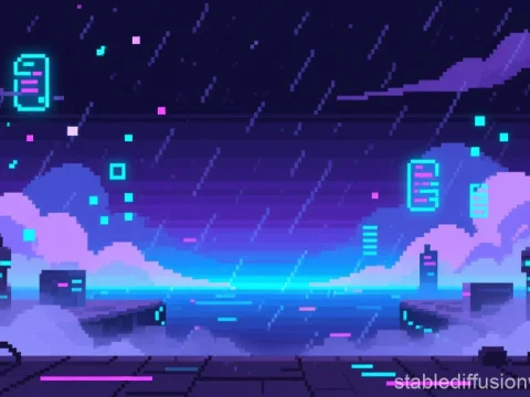Pixel Art Cyberpunk Rainy Cityscape at Night