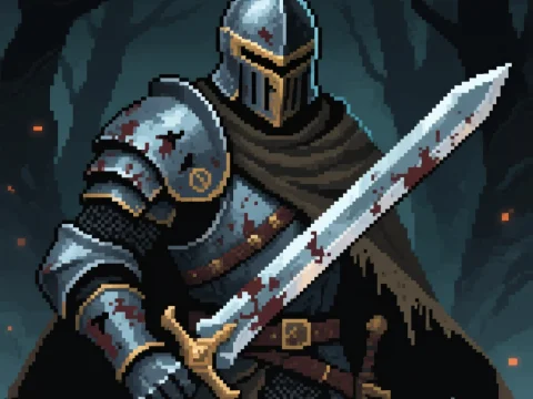 Pixel Art Dark Fantasy Knight with Bloodied Sword