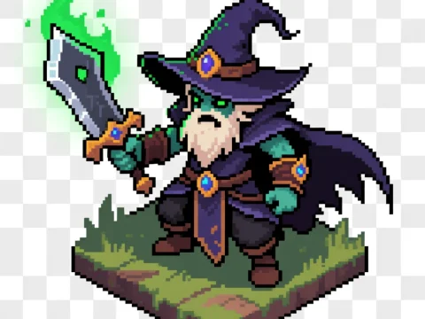 Pixel Art Dark Fantasy Wizard with Glowing Sword