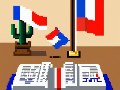 Pixel Art Desk with French Flags and Open Book
