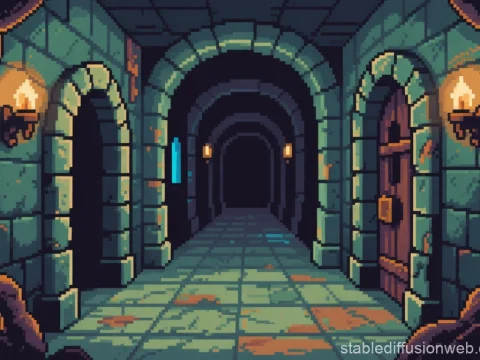 Pixel Art Dungeon Corridor with Torches