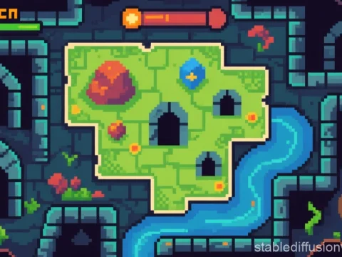 Pixel Art Dungeon Map with River and Torches