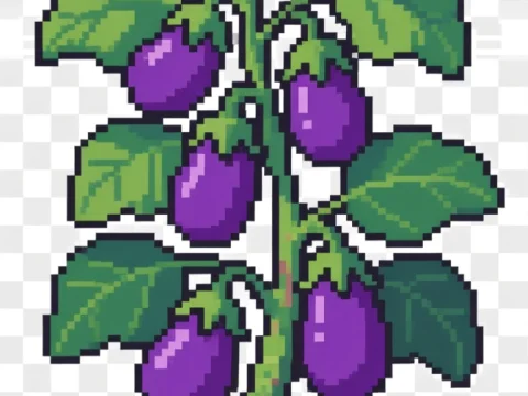 Pixel Art Eggplant Plant with Purple Fruits