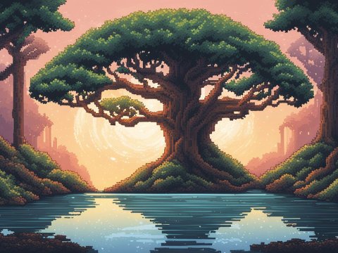 Pixel Art Enchanted Tree by a Reflective Lake at Sunset