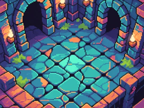 Pixel Art Fantasy Dungeon Floor with Torches