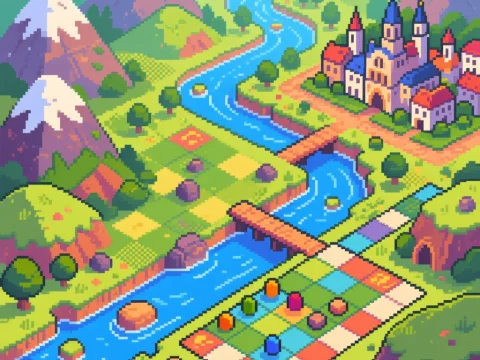 Pixel Art Fantasy Landscape with River and Castle