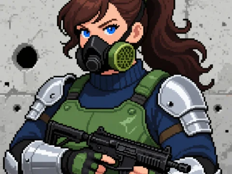 Pixel Art Female Soldier with Gas Mask and Armor