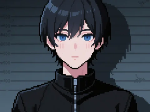 Pixel Art Femboy Mugshot with Blue Eyes