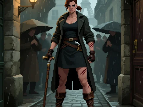 Pixel Art Femme Fatale in Rainy Paris Street