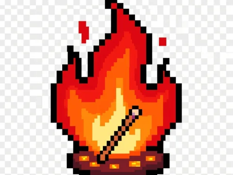 Pixel Art Flaming Campfire with Matchstick