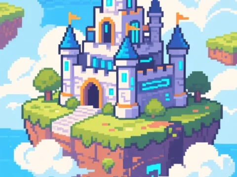 Pixel Art Floating Castle on Sky Island