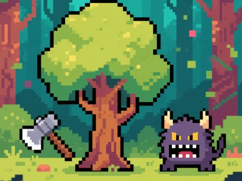 Pixel Art Forest Scene with Tree, Axe, and Monster