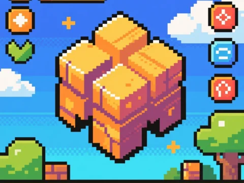 Pixel Art Game UI with Floating Blocks and Health Bars