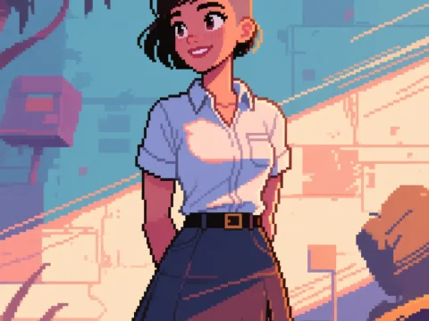 Pixel Art Girl in Urban Sunset Scene