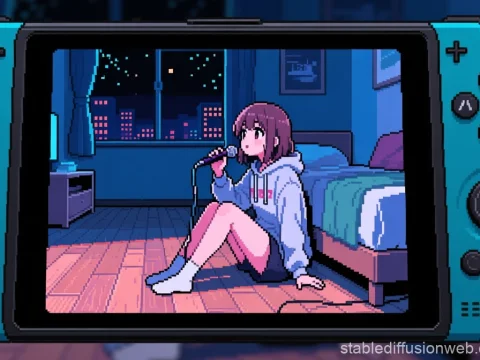 Pixel Art Girl Singing in Cozy Room at Night