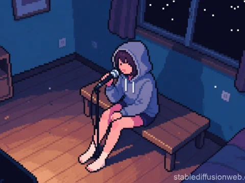 Pixel Art Girl Singing in Nightroom