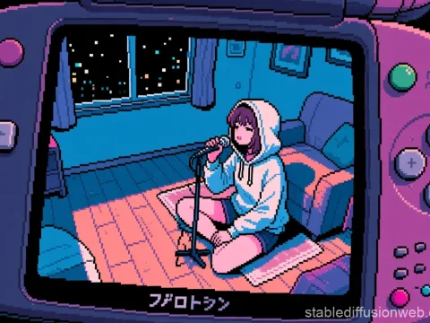 Pixel Art Girl Singing Indoors at Night