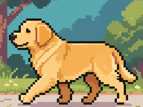 Pixel Art Golden Retriever Walking on Sidewalk