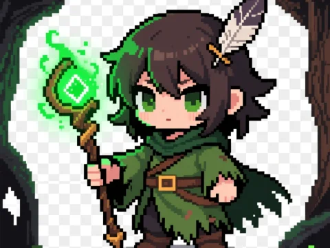 Pixel Art Gothic Druid Sprite with Glowing Staff