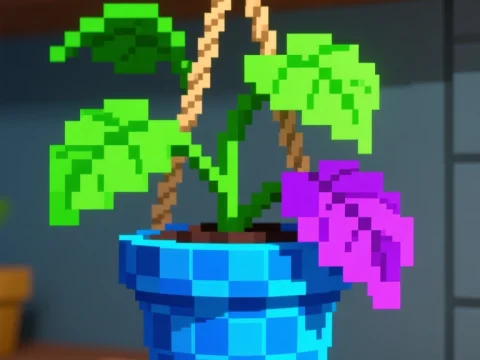 Pixel Art Hanging Plant in Blue Pot