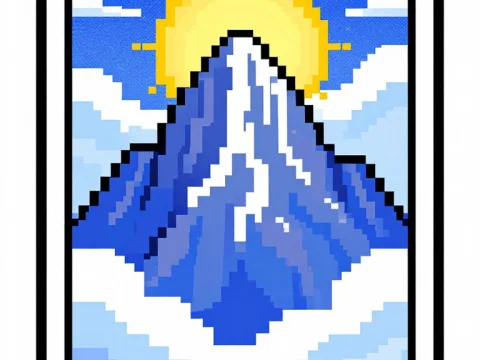 Pixel Art Illustration of Mt Olympus with Sun